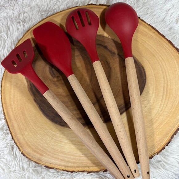 NWOT 4pc Red Silicone and Wood Cooking Utensils Spatulas and Spoons Set - Picture 5 of 11